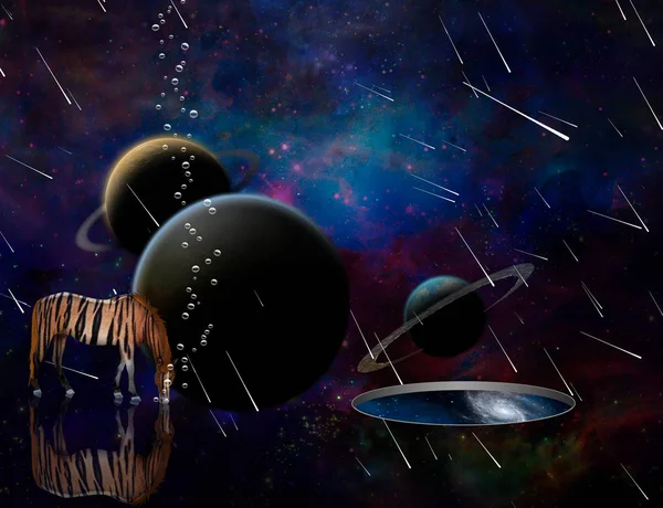 Surreal Rendering Exosolar Planets Meteor Shower Striped Horse Wormhole Another — Stock Photo, Image