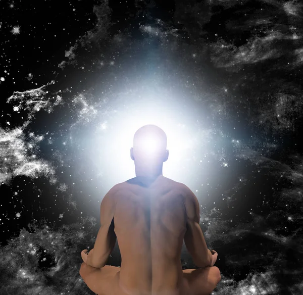 现实主义 赤裸的人在莲花姿态坐在无尽的宇宙之前 — 图库照片