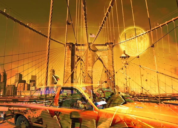 Arte Digital Surreal Táxi Amarelo Ponte Brooklyn Elementos Grafite Lua — Fotografia de Stock