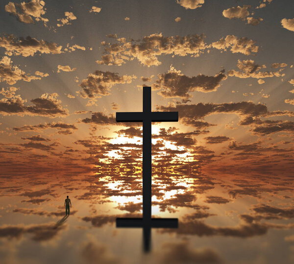 Sunset or sunrise with cross.