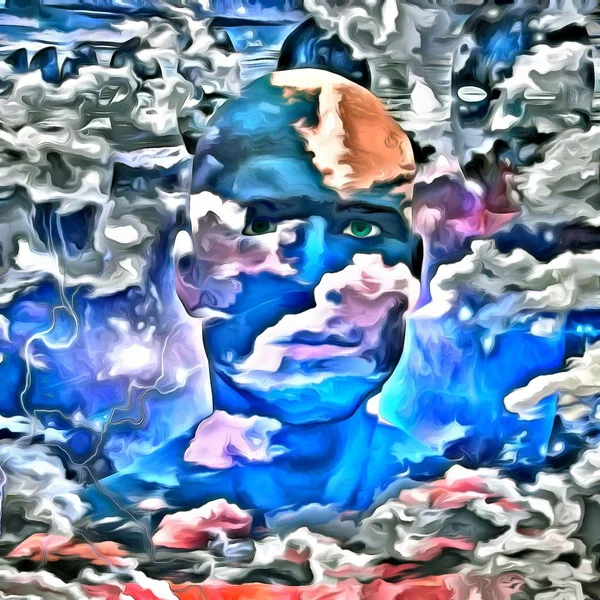 Surreal digital art. Man's head in cloudy sky.