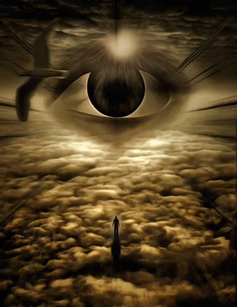 Surrealistisch Schilderij Oog Van Reus Bewolkte Hemel Thunderbird Figuur Van — Stockfoto