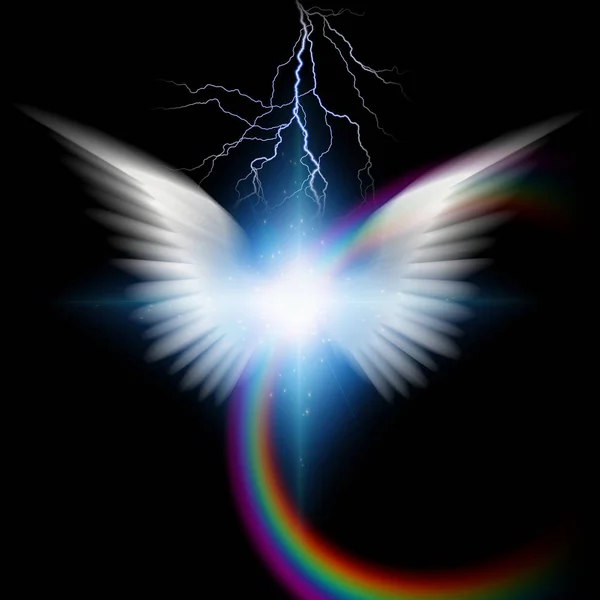 超現実的なデジタルアート 白い天使の羽を持つ明るい星 虹と稲妻 — ストック写真