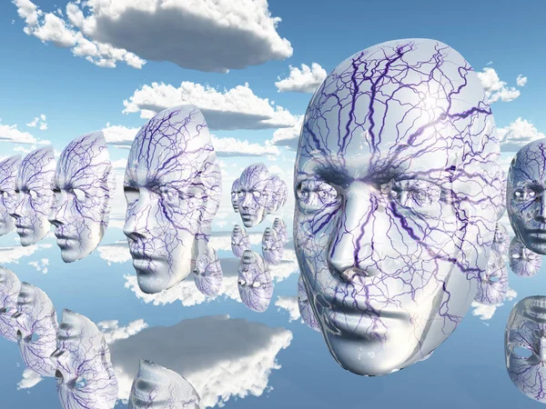 Diembodied Faces Masks Hover Surreal Scene — Stock Photo, Image