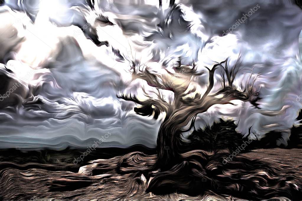 Abstract painting. Old tree stands on a rocky ground. Sunbeams comes through the clouds.