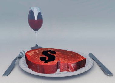 Çiğ et ve şarap. Dolar işareti.