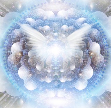 Shining wings and man's aura in a center of Indian mandala. Multi-layered spaces representing endless dimensions. clipart