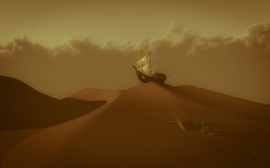 Ancient sailing ship atop red desert sand dune. clipart
