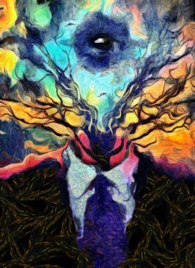 Surreal painting. Man's figure in a suit with tree branches and all-seeing eye instead of head. clipart