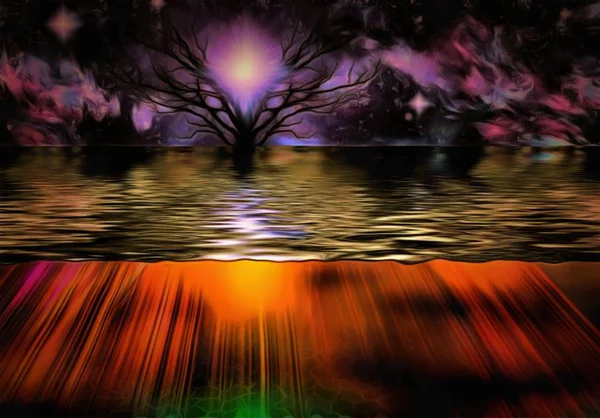 Fioletowy Zachód Słońca Drzewo Wodzie — Zdjęcie stockowe