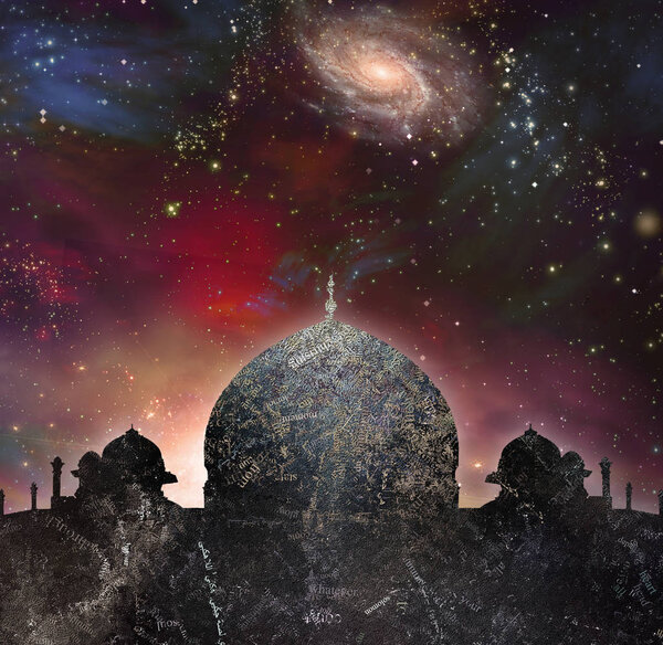 Temple in eastern style. Universe with galaxies on a background.