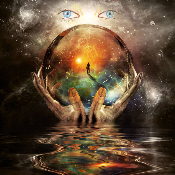 Crystal ball in hands. Eyes in vivid universe