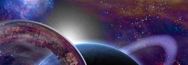 Großes Interstellares Stadtschiff Der Nähe Des Beringten Planeten — Stockfoto