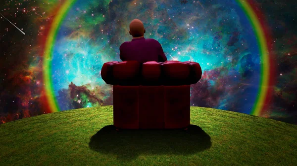 Surreal Composition Man Sits Red Armchair Observes Vivid Galaxy Rendering — Stock Photo, Image