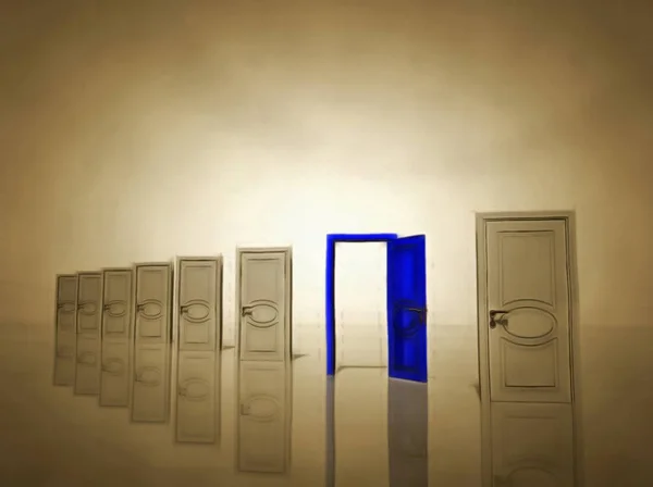 Сюрреализм Семь Белых Дверей Одна Голубая Дверь Символизируют Выбор Рендеринг — стоковое фото