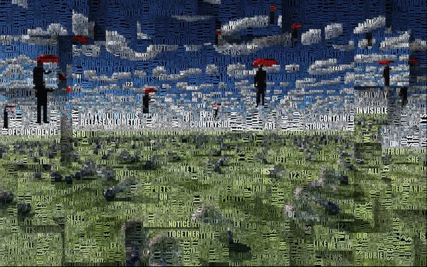 Surreal Digital Art Men Red Umbrellas Hovers Field Light Bulbs — Stock Photo, Image