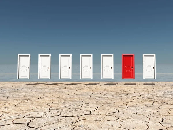 Una Puerta Roja Entre Varias Puertas Flotantes Paisaje Seco Agrietado —  Fotos de Stock