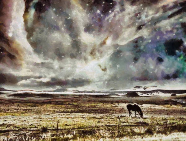 Σουρεαλιστική Ψηφιακή Τέχνη Άλογα Βόσκουν Στο Χωράφι Ζωντανός Πολύχρωμος Ουρανός — Φωτογραφία Αρχείου