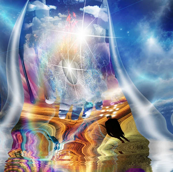 シュル レアリスム 男の周りの電球は アイデアを象徴しています 鮮やかな空の神の目 — ストック写真