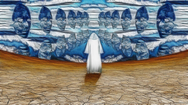 Фигура в халате противостоит лицам
