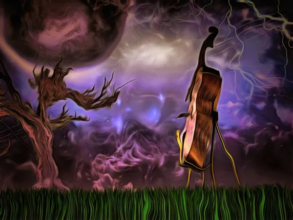 Surreal Painting Cello Old Tree Big Moon Purple Sky — Stock Photo, Image