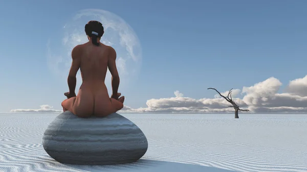 Kadın Beyaz Kumların Üzerinde Oturmuş Meditasyon Yapıyor — Stok fotoğraf