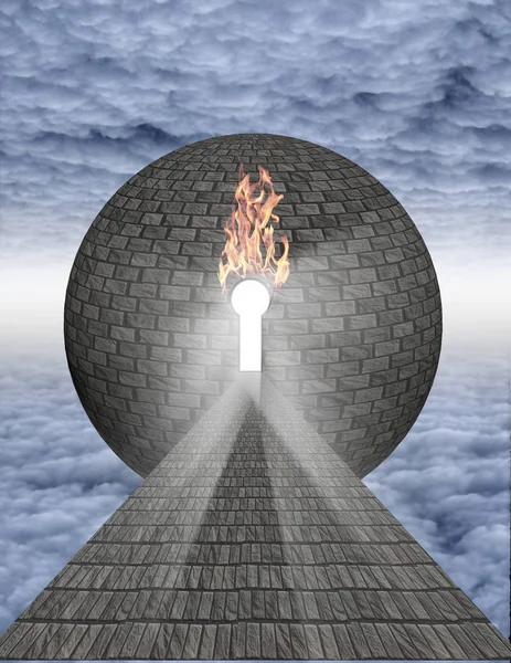 Surreal Painting Stone Road Leads Keyhole Stone Sphere — Stock Photo, Image