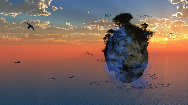 梦幻漂浮的海岛和鸟 — 图库照片