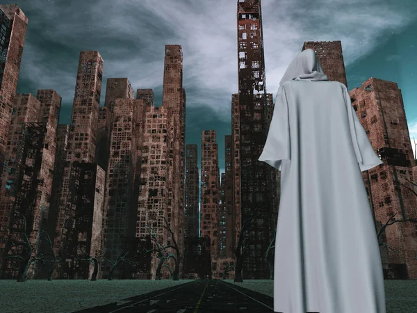 在被毁的城市之前 身穿白色斗篷的朝圣者 — 图库照片