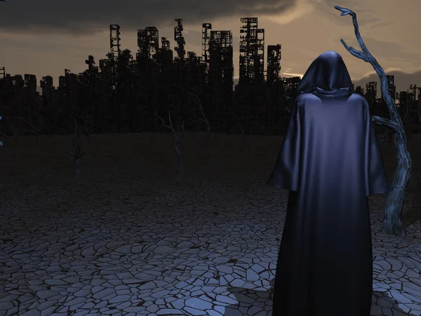 Robed Figure Destroyed City — Stock Photo, Image