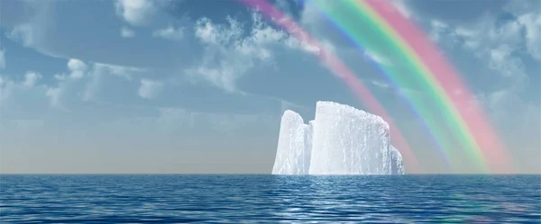 Surreale Digitale Kunst Großer Eisberg Schwimmt Ruhigen Ozean Regenbogen Bewölkten — Stockfoto