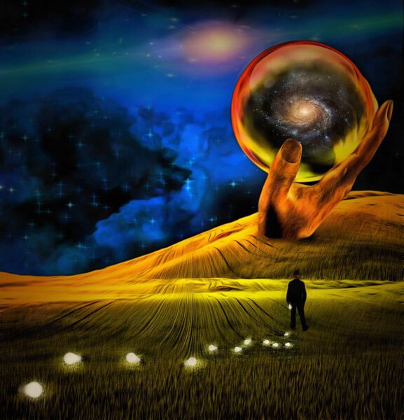 Surreal painting. Giant stone hand holds crystal ball. Man in suit is losing light bulbs in green field. Light bulbs symbolizes ideas.