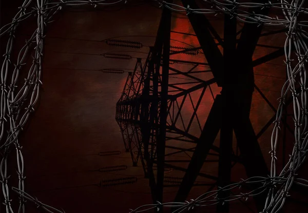Yüksek Gerilim Elektrik Direği Kırmızı Gökyüzü Altında Dikenli Tel — Stok fotoğraf