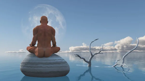 Hombre Medita Sentado Piedra Agua Quieta —  Fotos de Stock
