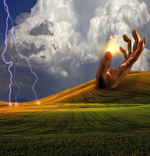 Surreal Landscape Giant Sculptures Fire — Stock Photo, Image