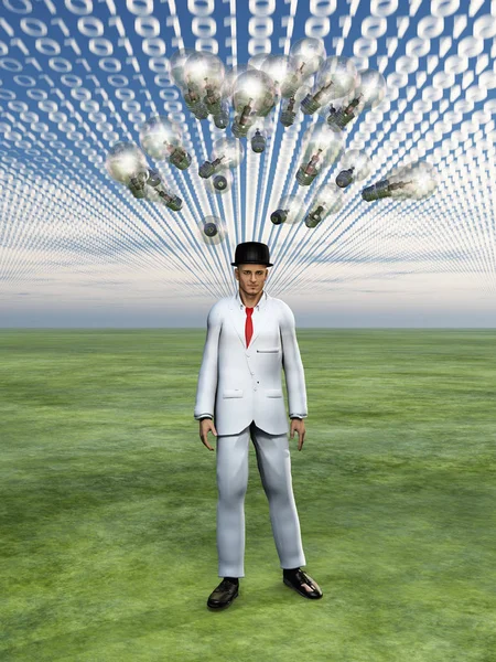 Muž Pod Oblohou Binárního Kódu Žárovky Symbolizuje Ibeas Bouře Mozku — Stock fotografie