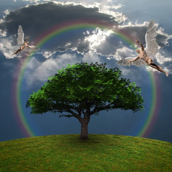 Άγγελοι Πάνω Από Πράσινο Δέντρο Δραματικά Σύννεφα Και Ουράνιο Τόξο — Φωτογραφία Αρχείου