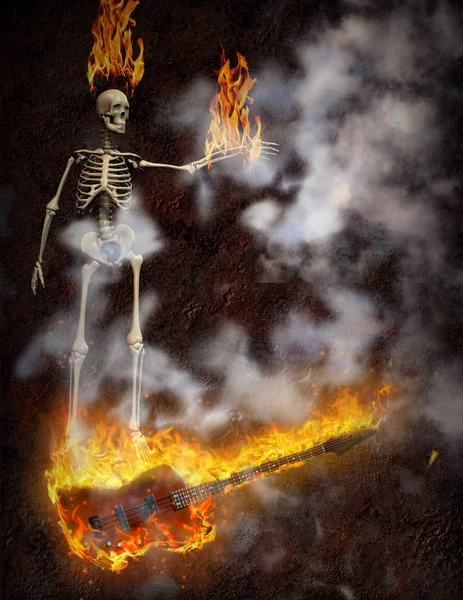 燃烧低音吉他和骨架举行火焰 — 图库照片