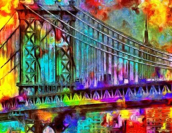 Colorful Oil Painting Manhattan Bridge — Stock Photo, Image