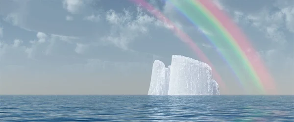 超现实主义数字艺术 大冰山漂浮在宁静的海洋中 彩虹在多云的天空中 — 图库照片