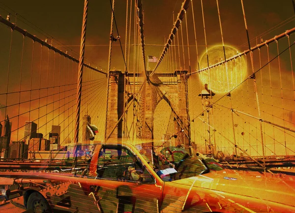 Arte Digital Surreal Táxi Amarelo Ponte Brooklyn Elementos Grafite Lua — Fotografia de Stock