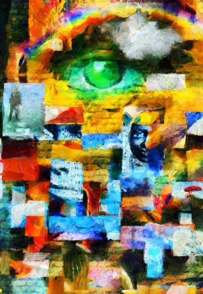 Komplexe Surreale Malerei Geomertische Elemente Auge Gottes Feuerflammen Und Schachfiguren — Stockfoto