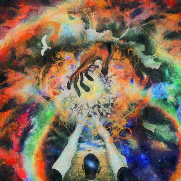 Surrealistisch Schilderij Hand Van God Kleurrijke Lucht Man Met Galaxy — Stockfoto