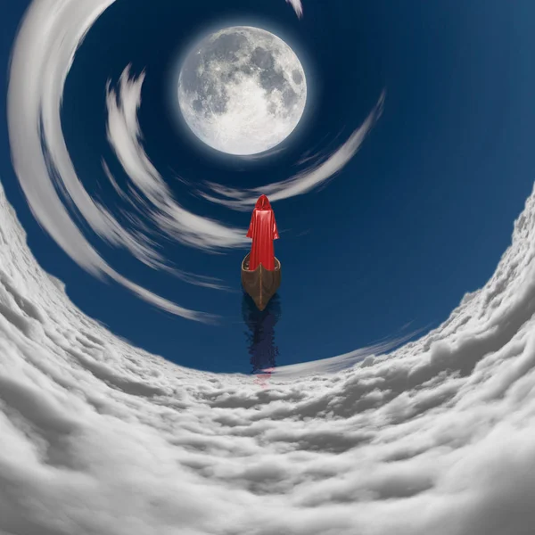 Figura Túnica Roja Flotando Luna Llena Las Nubes — Foto de Stock