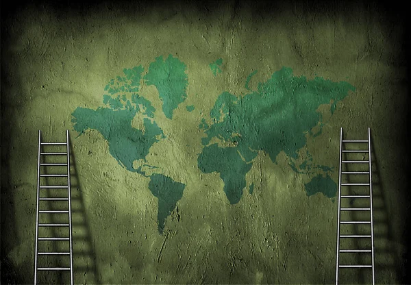 Mapa Mundo Numa Parede Verde Cinzenta Escadas — Fotografia de Stock