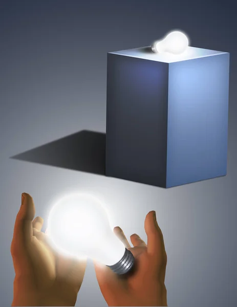 人間の手に灰色の台座と光る電球 — ストック写真