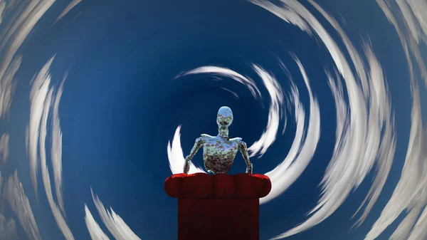 シュールなシーン 錆びたエイリアン ロボットは 雲のトンネルの前に赤い肘掛け椅子に座っています レンダリング — ストック写真