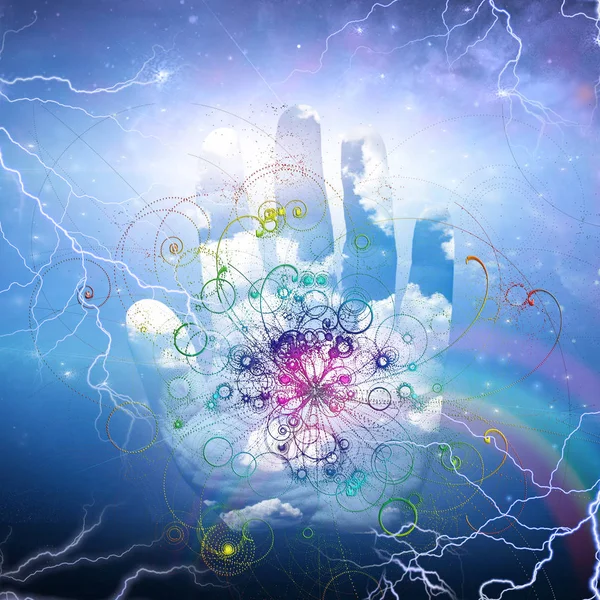 Öppen Hand Och Partikel Design Rainbow Och Blixtar — Stockfoto