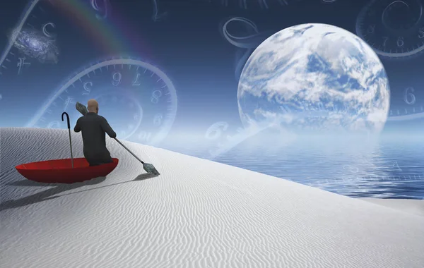 Сюрреалистичная Картина Человек Красном Зонтике Плавает Белой Пустыне Большая Луна — стоковое фото