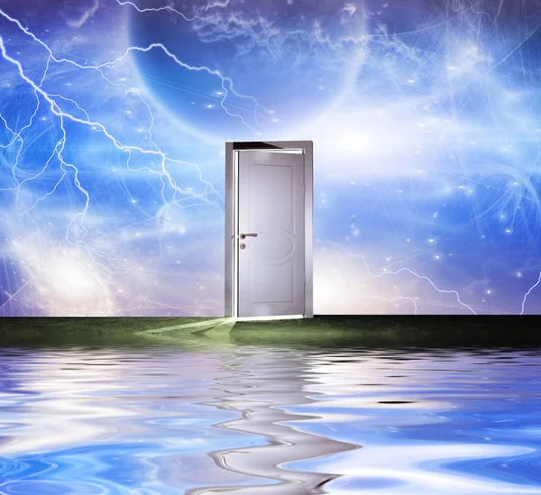 シュル レアリスム 白い扉は 別の次元へのポータルを象徴しています いくつかの要素画像クレジット Nasa — ストック写真